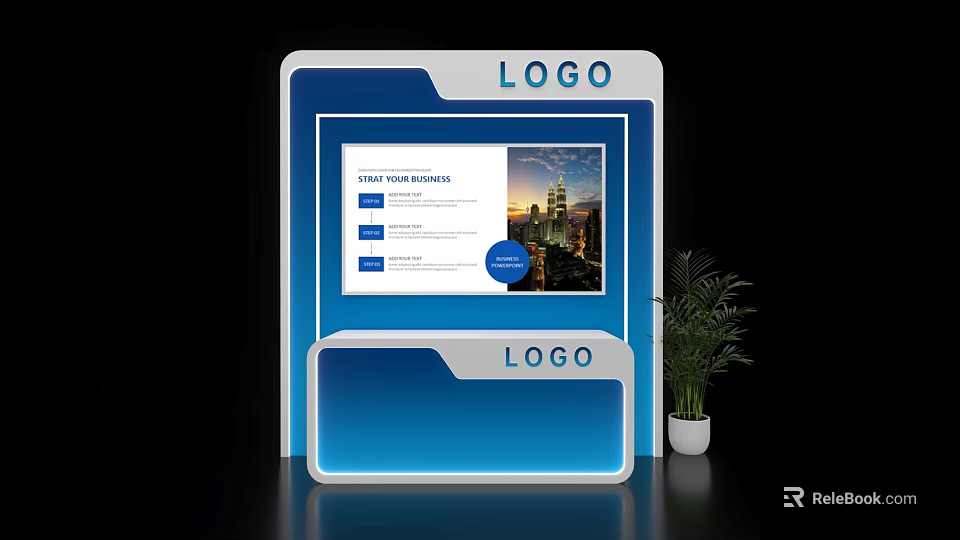 Modern Exhibition Island Design With Display Screen LOGO And Potted Plant Visual Content 3d model 