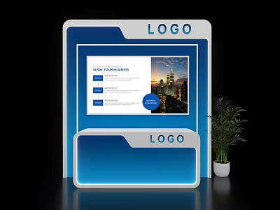 Modern Exhibition Island Design With Display Screen LOGO And Potted Plant Visual Content 3d model