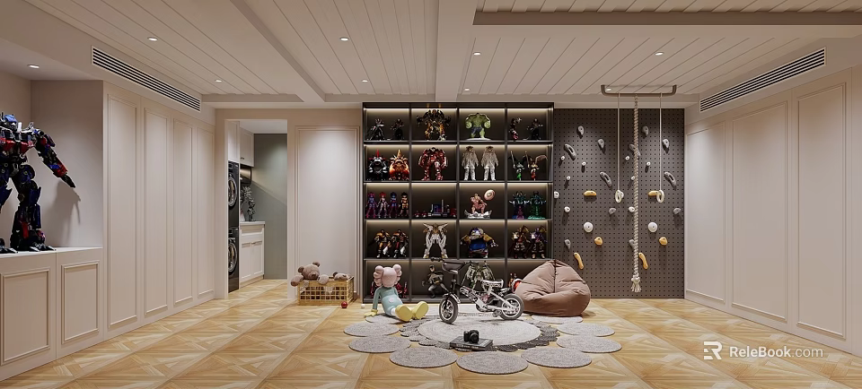 Cozy Playroom Interior With Display Shelves Collectibles Hanging Chair Round Rugs And Wooden Flooring 3d model 