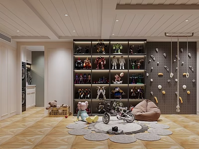 Cozy Playroom Interior With Display Shelves Collectibles Hanging Chair Round Rugs And Wooden Flooring 3d model