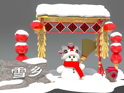 Snow Covered Event Gateway With Red Lanterns Corn Strings Lion Dance Figure And Snowman 3d model
