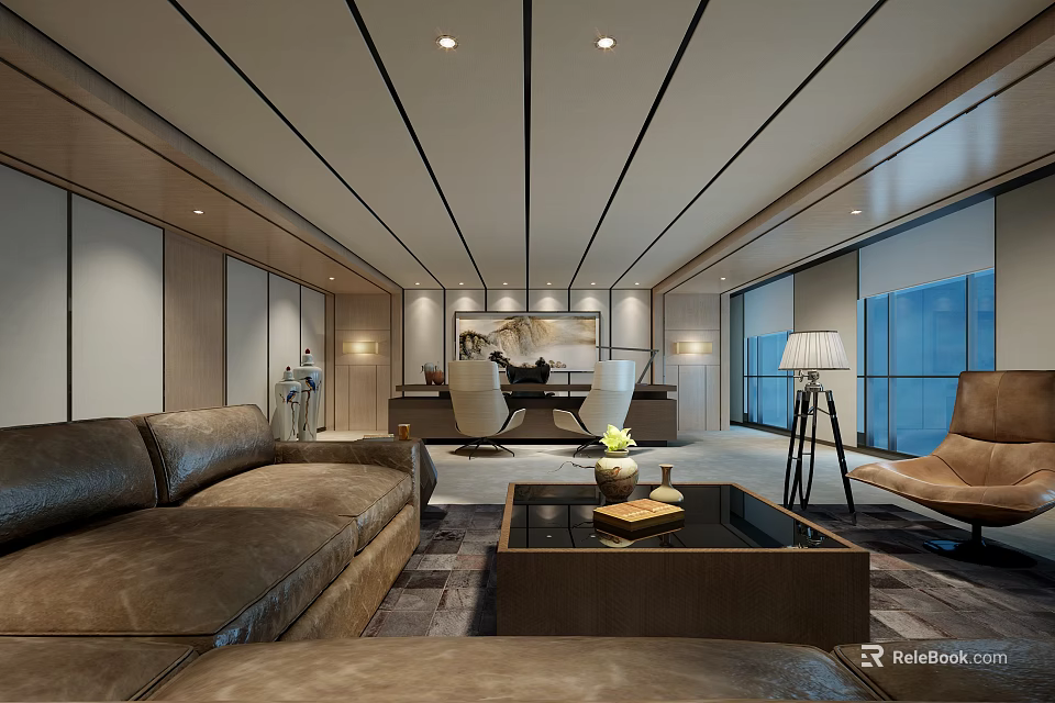 Modern Office Interior Design With Leather Sofa Coffee Table Desk And Large Windows 3d model