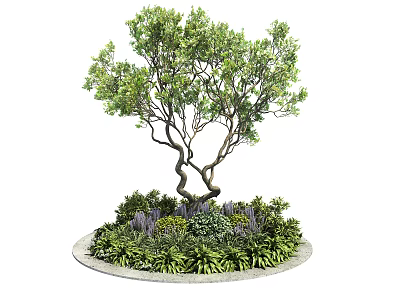Beautiful Garden Landscape With Twisted Trunk Tree Green Plants And Purple Flowers In Circular Arrangement 3d model