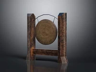 Traditional Antique Style Decorative Gong With Wooden Stand And Intricate Carved Pattern 3d model