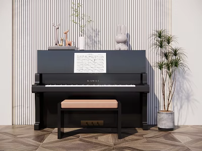 Musical Instruments Featuring Black Piano Music Sheet Decorative Ornaments Beige Bench And Green Plant 3d model