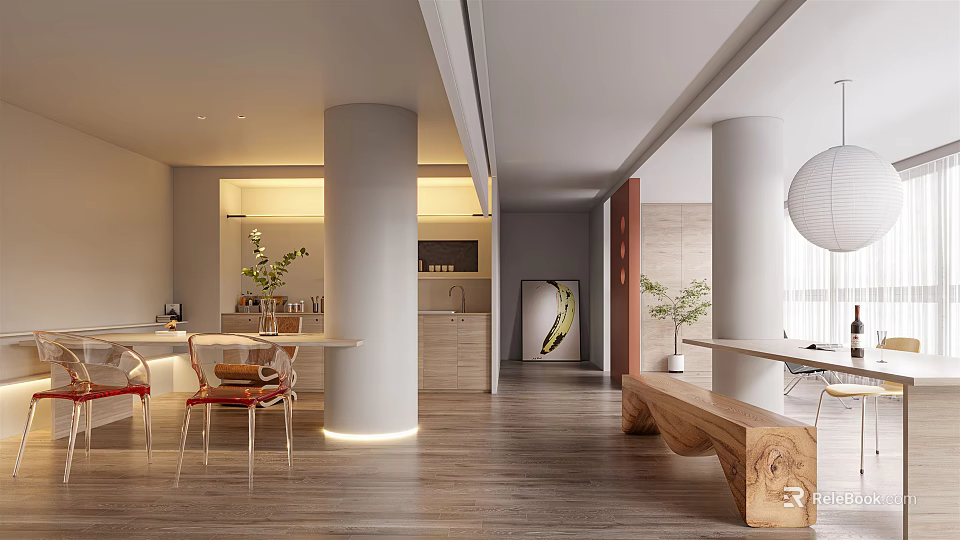 Modern Public Office Space Interior With Open Layout Wooden Floors And Green Plants 3d model 