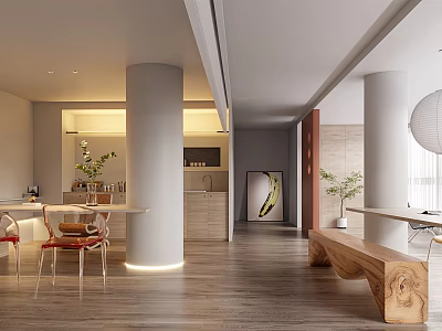 Modern Public Office Space Interior With Open Layout Wooden Floors And Green Plants 3d model