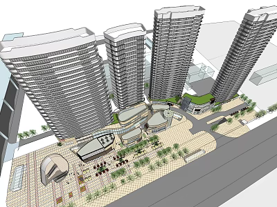 Modern High Rise Office Building Complex With Urban Plaza And Green Landscaping 3d model
