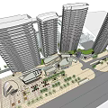Modern High Rise Office Building Complex With Urban Plaza And Green Landscaping