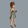 Cartoon Girl Character With Brown Short Hair Blue Polka Dot Dress Beige Cardigan Brown Sandals