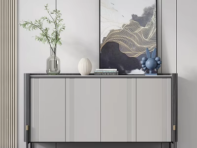 Stylish Entryway Side Cabinet With Gray Doors Decorative Vase Green Plant Books And Wall Art 3d model