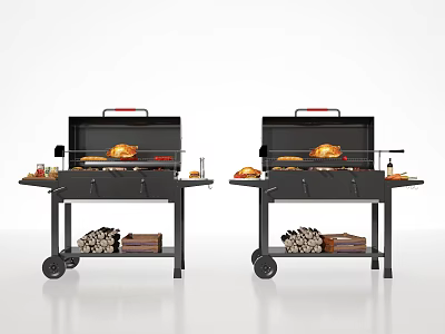 Portable Outdoor Grills With Roasted Chicken Food Items And Firewood Storage 3d model