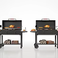 Portable Outdoor Grills With Roasted Chicken Food Items And Firewood Storage