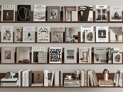 Various Books And Magazines On Stylish Wooden Bookshelves With Decorative Display And Arrangement 3d model
