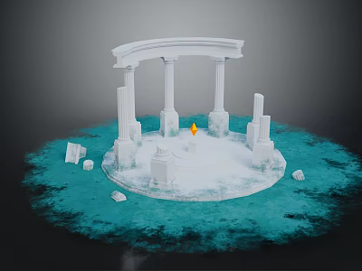 Cartoon Scene With White Columns Archway Burning Candle On Snowy Platform And Blue Water Surface 3d model