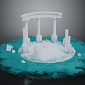 Cartoon Scene With White Columns Archway Burning Candle On Snowy Platform And Blue Water Surface