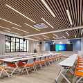 School Multipurpose Room with White Orange Chairs Large Screens Wooden Strip Ceiling and Lighting