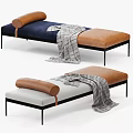 Sofa Bench With Navy Blue Seat Brown Leather Bolster Plaid Blanket And Black Metal Legs