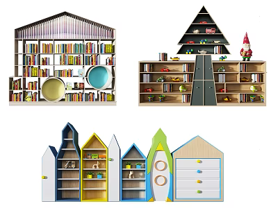 Kids Colorful Bookcases In Various Shapes With Decorative Storage And Toys 3d model