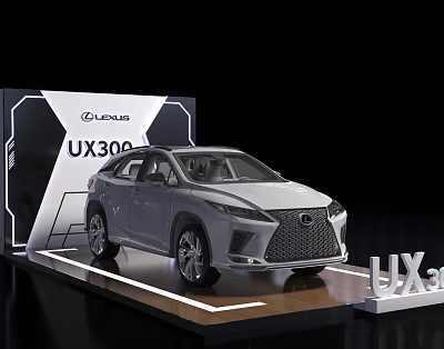 Modern Display Shelves Showcasing Lexus UX300 Car in Exhibition Booth Setup 3d model
