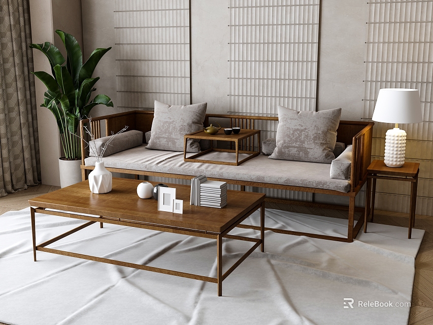 Wooden Coffee Table In Living Room With Sofa Cushions Green Plant And Table Lamp 3d model 