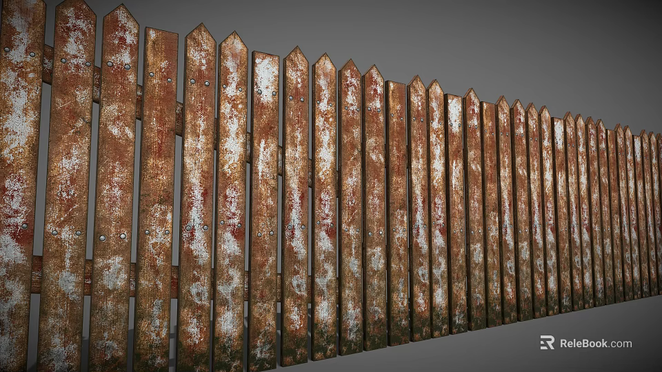 Outdoor Rustic Wooden Fence With Peeling Paint And Weathered Textured Surface 3d model 