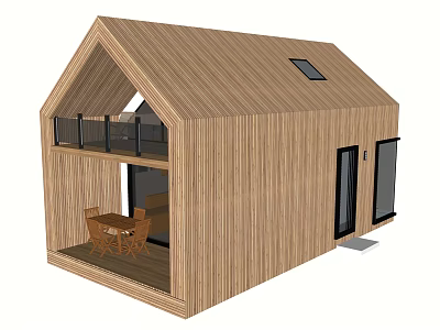 Wooden Cabin With Gabled Roof Skylight Porch And Outdoor Table Chairs 3d model