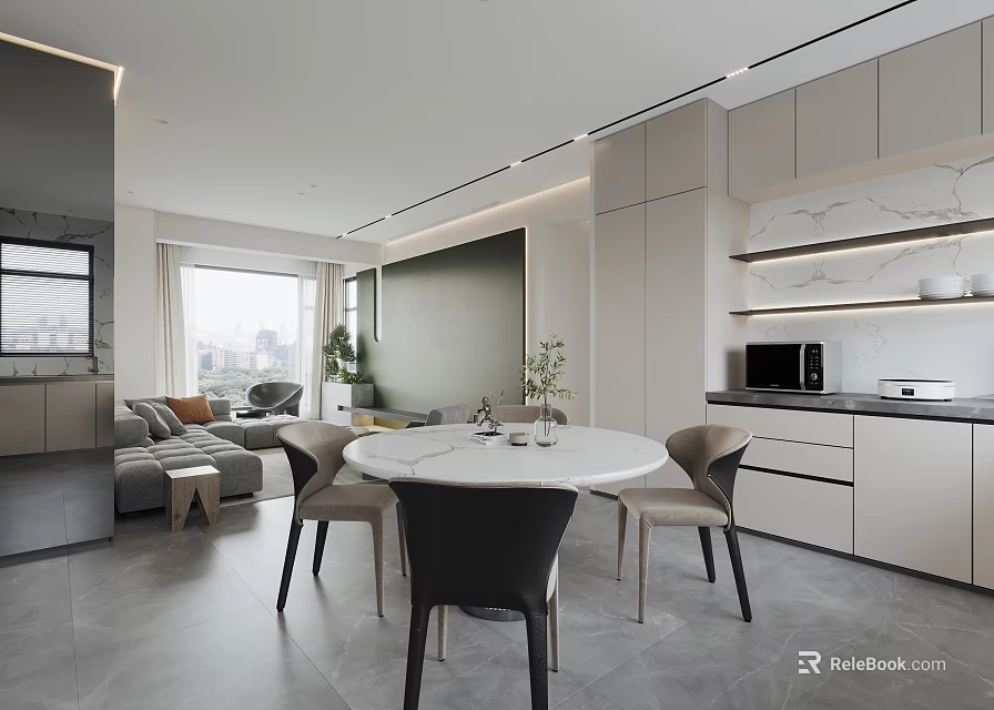 Modern Living and Dining Room Interior With Open Layout Round Table Sofa And TV Wall 3d model