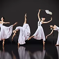 Women In White Dresses Dancing With Various Poses And Flower Bouquet On Black Background
