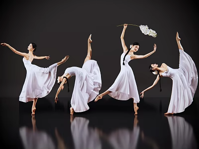Women In White Dresses Dancing With Various Poses And Flower Bouquet On Black Background 3d model