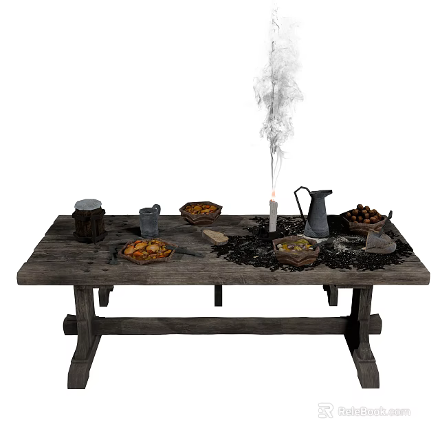 Rustic Wooden Dining Table With Food Platters Pitcher Mugs and Smoke Rising 3d model 