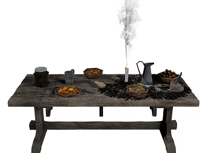 Rustic Wooden Dining Table With Food Platters Pitcher Mugs and Smoke Rising 3d model