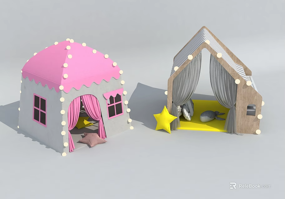 Tents with Pink Gray Roofs White Polka Dots Wooden Pattern Curtains Mats and Yellow Star 3d model 