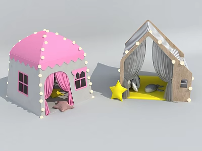 Tents with Pink Gray Roofs White Polka Dots Wooden Pattern Curtains Mats and Yellow Star 3d model