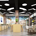 Digital Store Interior with Wo 4G Sign Display Counters Tables Chairs and Ceiling Lights