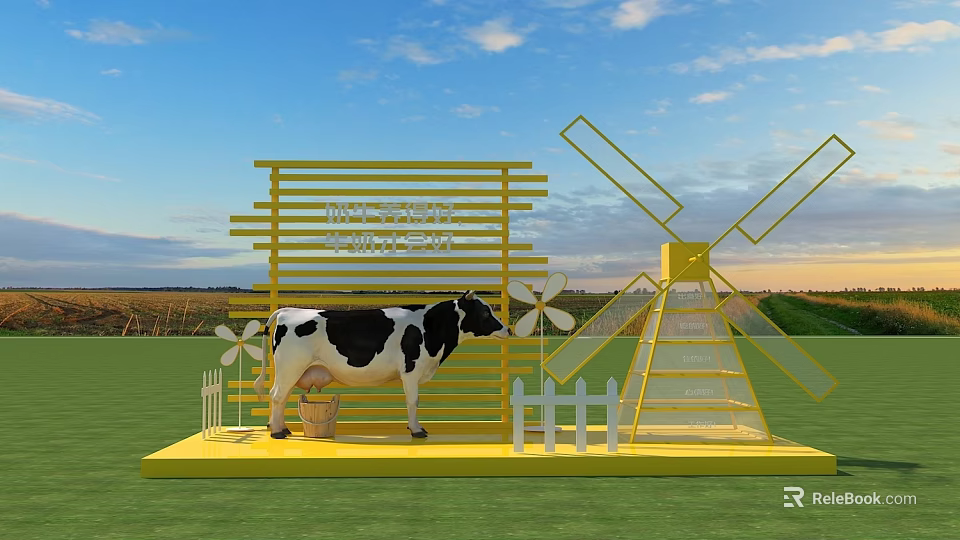 Interactive Dairy Farm Area With Cow Windmill And Yellow Structure On Green Grass 3d model