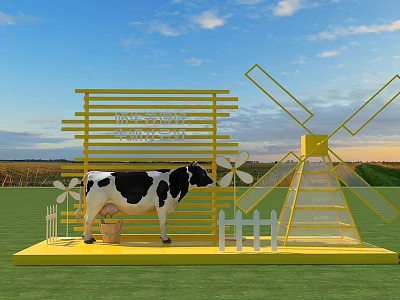 Interactive Dairy Farm Area With Cow Windmill And Yellow Structure On Green Grass 3d model