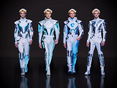 Group of Four Male Models Wearing Futuristic Blue And White Outfits Walking on Dark Runway 3d model