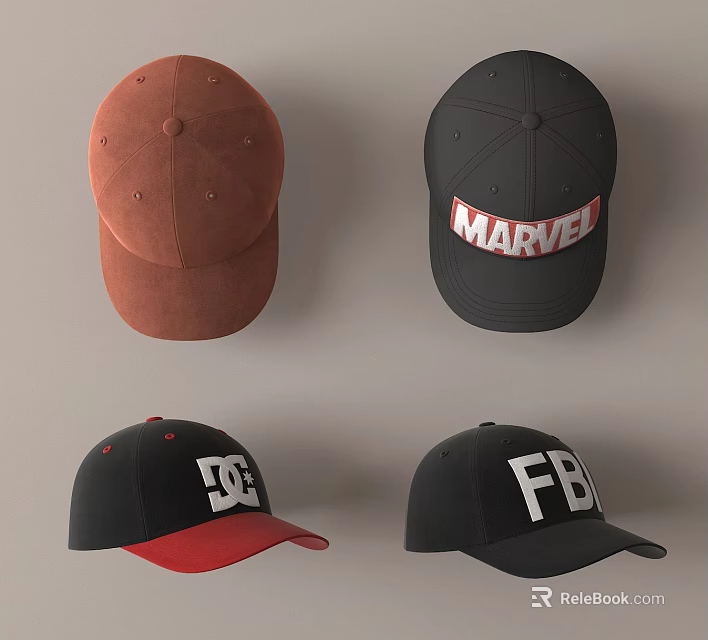 Fashionable Baseball Caps with Brown Black MARVEL DC FBI Logo Designs 3d model 