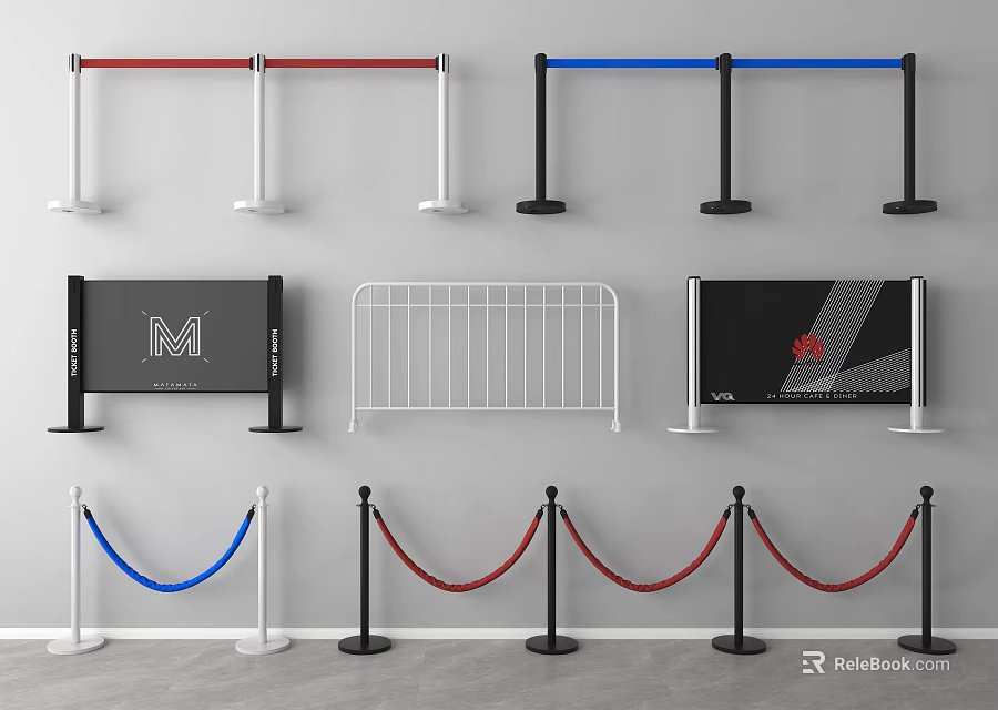 Various Fence Types Featuring Metal Barriers Rope Stanchions and Advertising Panels 3d model 