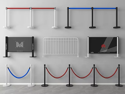 Various Fence Types Featuring Metal Barriers Rope Stanchions and Advertising Panels 3d model