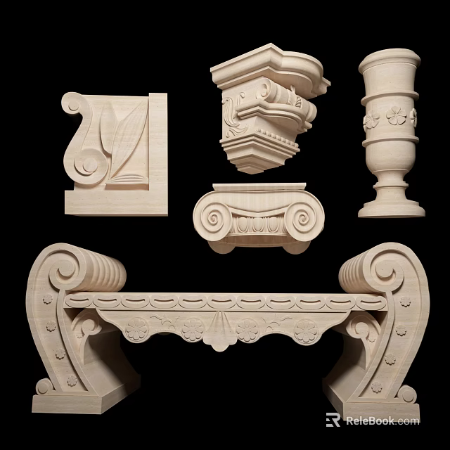 Intricate Carved Wooden Decorative Components With Scroll Panels Columns And Floral Details 3d model 