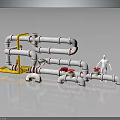 Industrial Piping Equipment With White Pipes Yellow Supports Red Valves And Human Figure For Scale