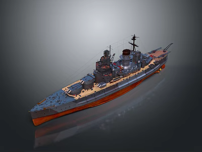 Military Warship Water Transport Vehicle Featuring Turrets Deck And Smokestack Design 3d model