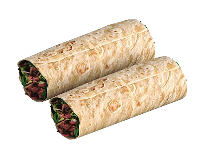 Two Golden Grilled Wraps With Fresh Green Vegetables And Red Meat Filling 3d model