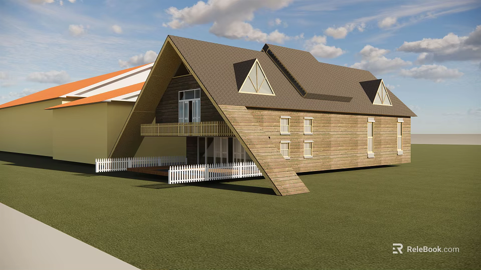 Wooden House With Gabled Roof Brown Exterior White Railings And Green Lawn 3d model 