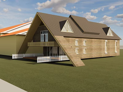 Wooden House With Gabled Roof Brown Exterior White Railings And Green Lawn 3d model