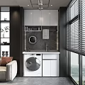 Home Balcony Interior With Washing Machine Sink White Cabinet Black Wall And Blinds