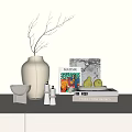 Decorative Ornaments Set with Clear Vase Twigs Candles Gray Bowl Books and Pears