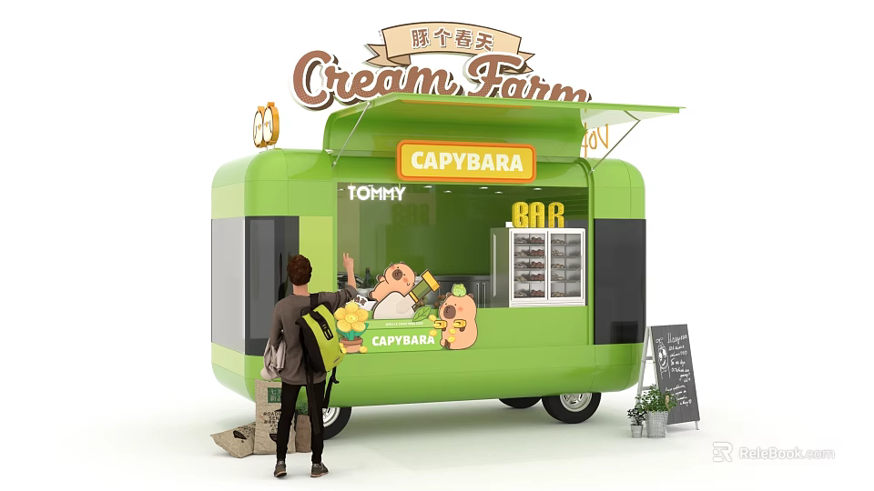 Green Capybara Themed Food Truck With A Customer 3d model 